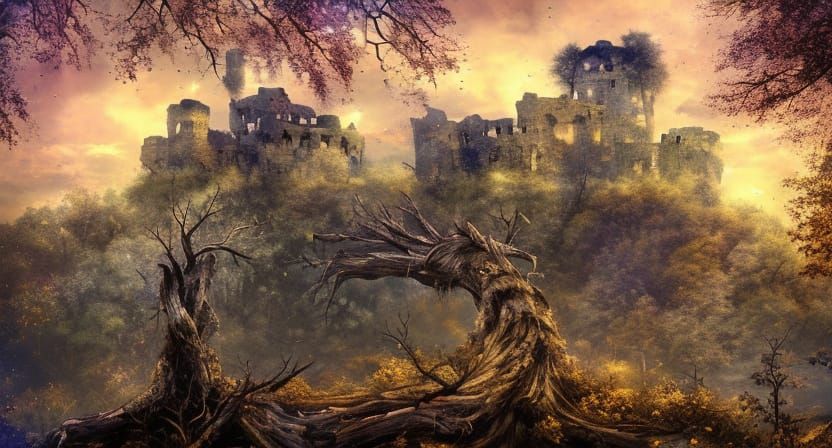 Serene Castle Ruins at Golden Hour in Fantasy Art