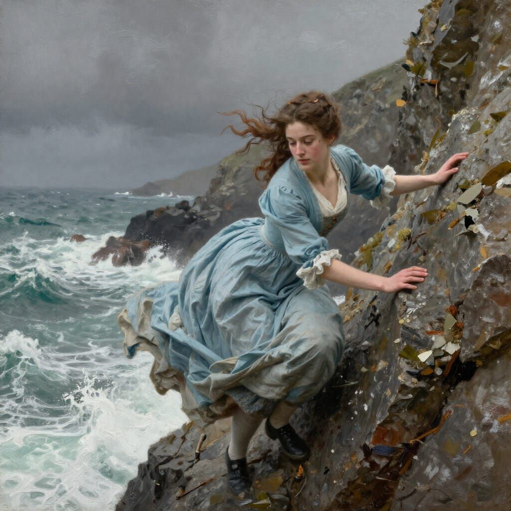 Regency Woman Climbs Cornish Cliff in Stormy Sea