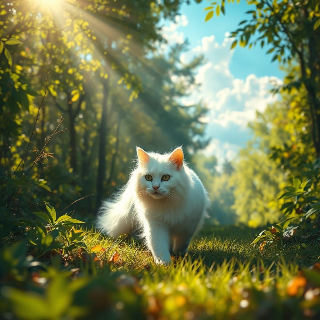 Whimsical White Cat in a Lush Forest Landscape