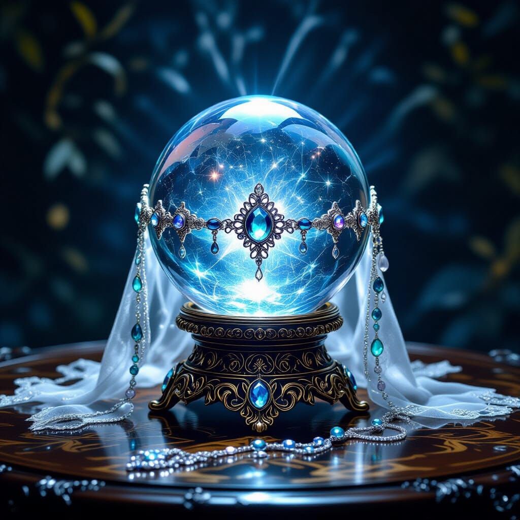 Mystical Crystal Ball with Gemstone Jewellery in Dark Fantas...