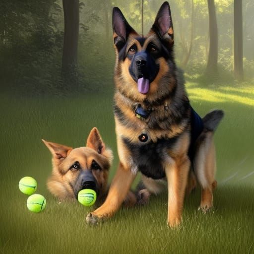 German Shepherds Play in Garden, Digital Art