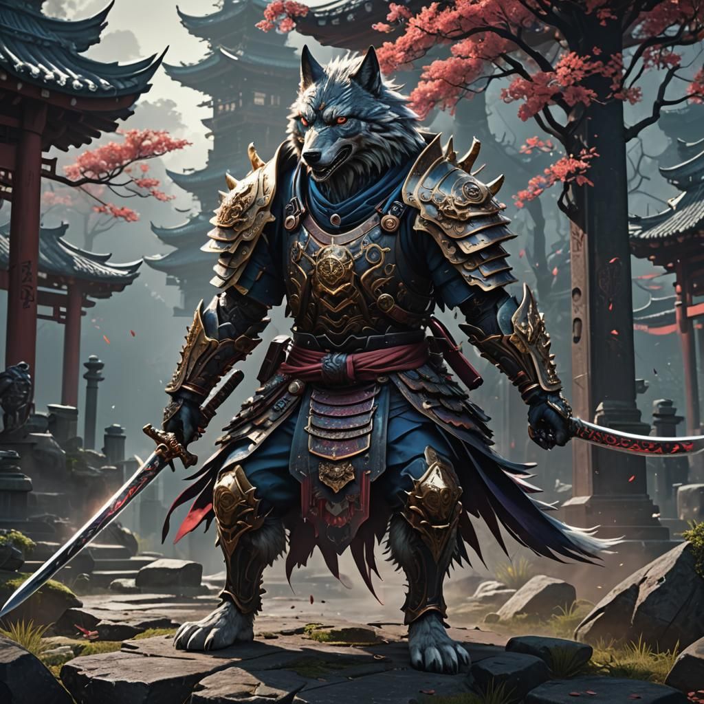 Cybernetic Samurai Wolf with Sword in Cyberpunk Style