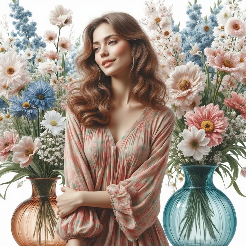 Elegant Woman in Floral Dress by Lake, Surreal Style