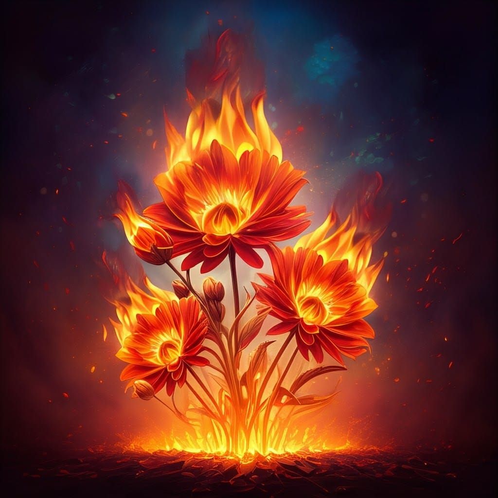Blazing Fire Flowers in a Surreal World