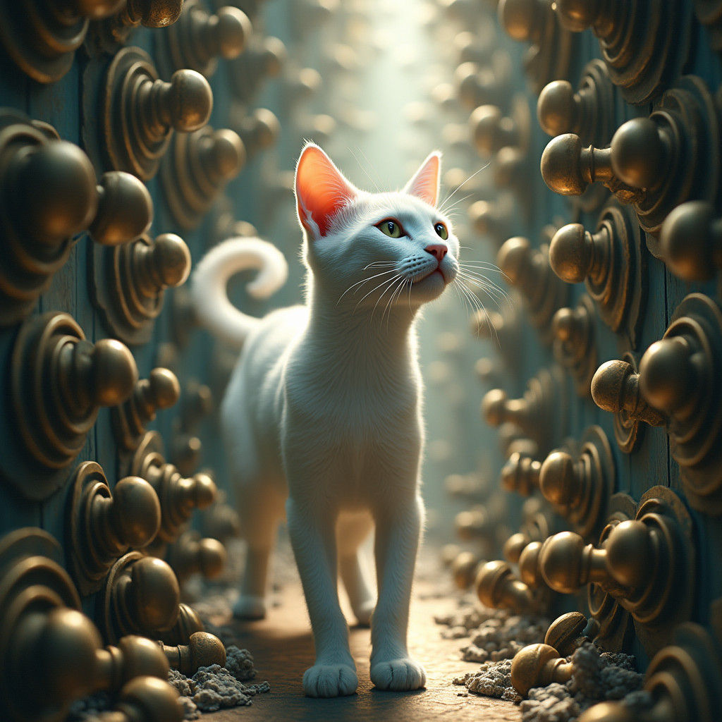 Surreal Cat Blends Into Infinite Doorknob Tunnel