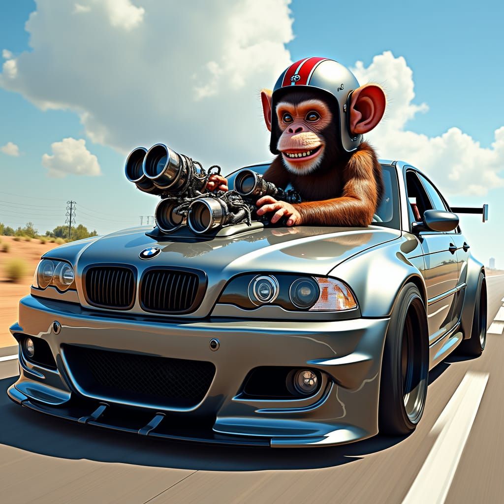 Monkey Drives Custom BMW in Concept Art Style
