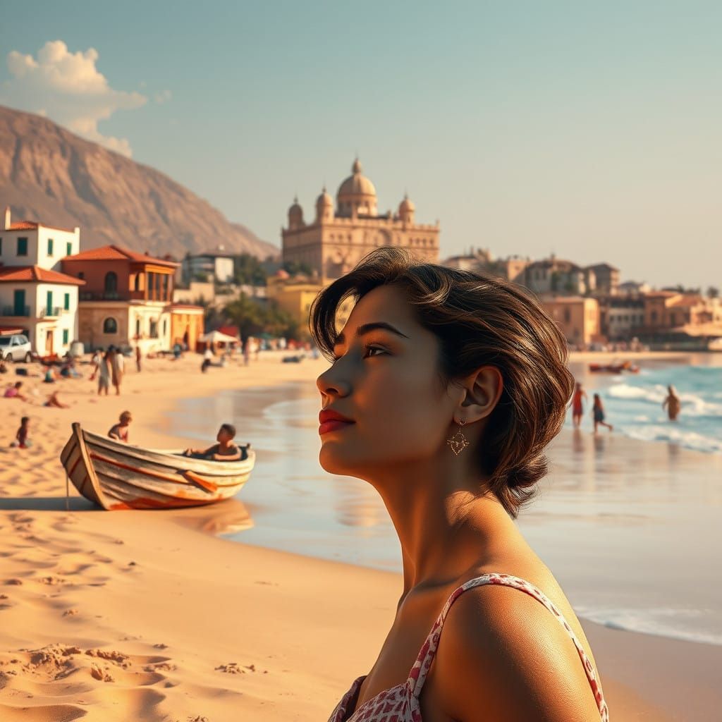 Serene Beachside Oasis with Whimsical Buildings and Tranquil...