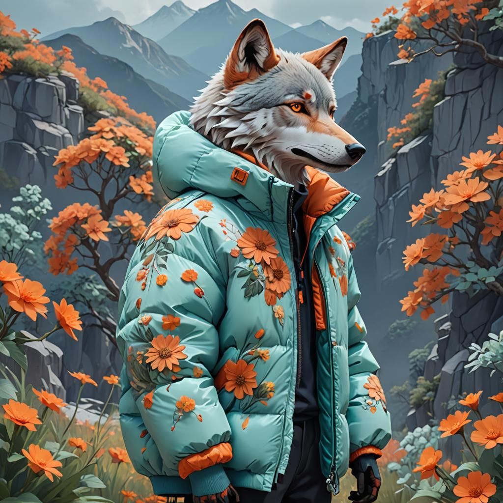 Anthro Wolf in Floral Puffer Jacket: 3D Anime Art