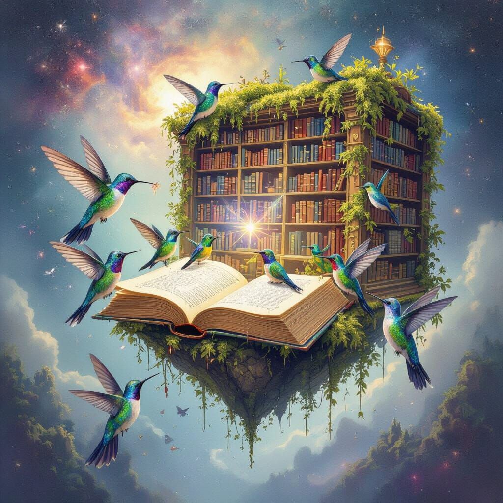 Hummingbirds Drink Nectar from Books in Cosmic Floating Libr...