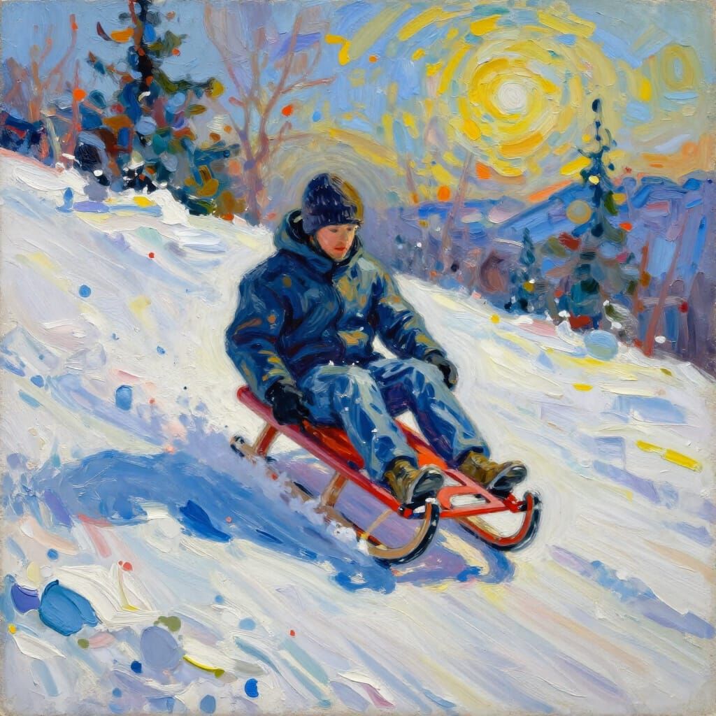 Impressionist Masterpiece: Sledding Down Snowy Hill