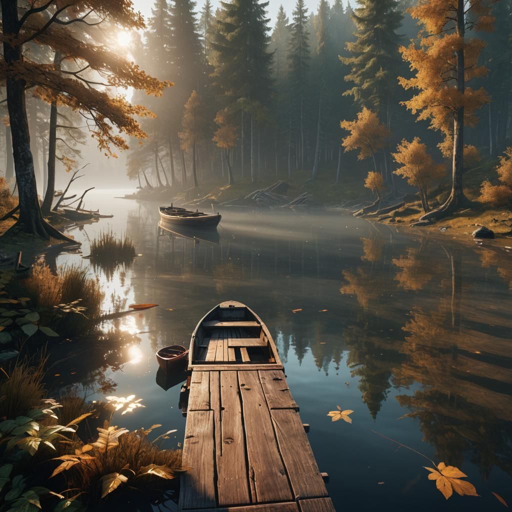 Misty Sunrise Over Autumn Lake in 3D