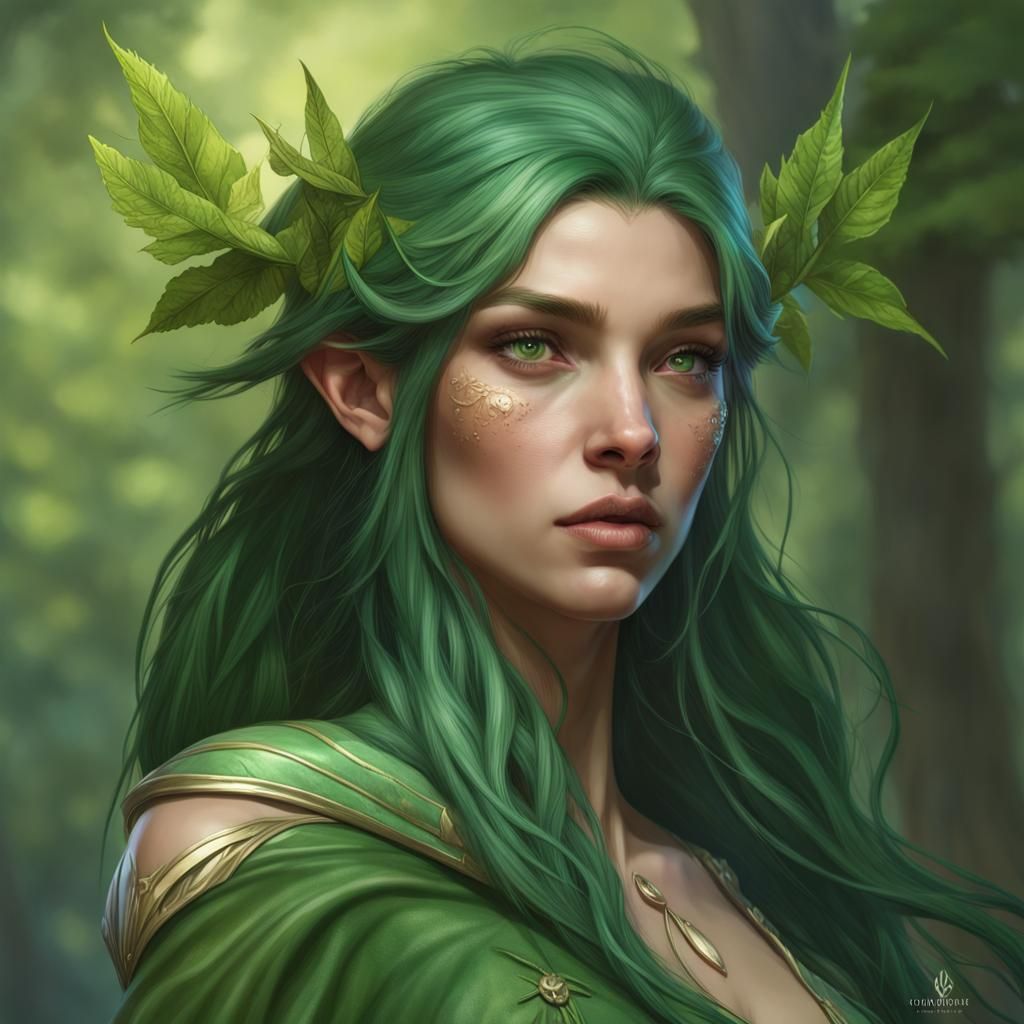Enchanting Green Nature Half-Elf Sorceress Portrait