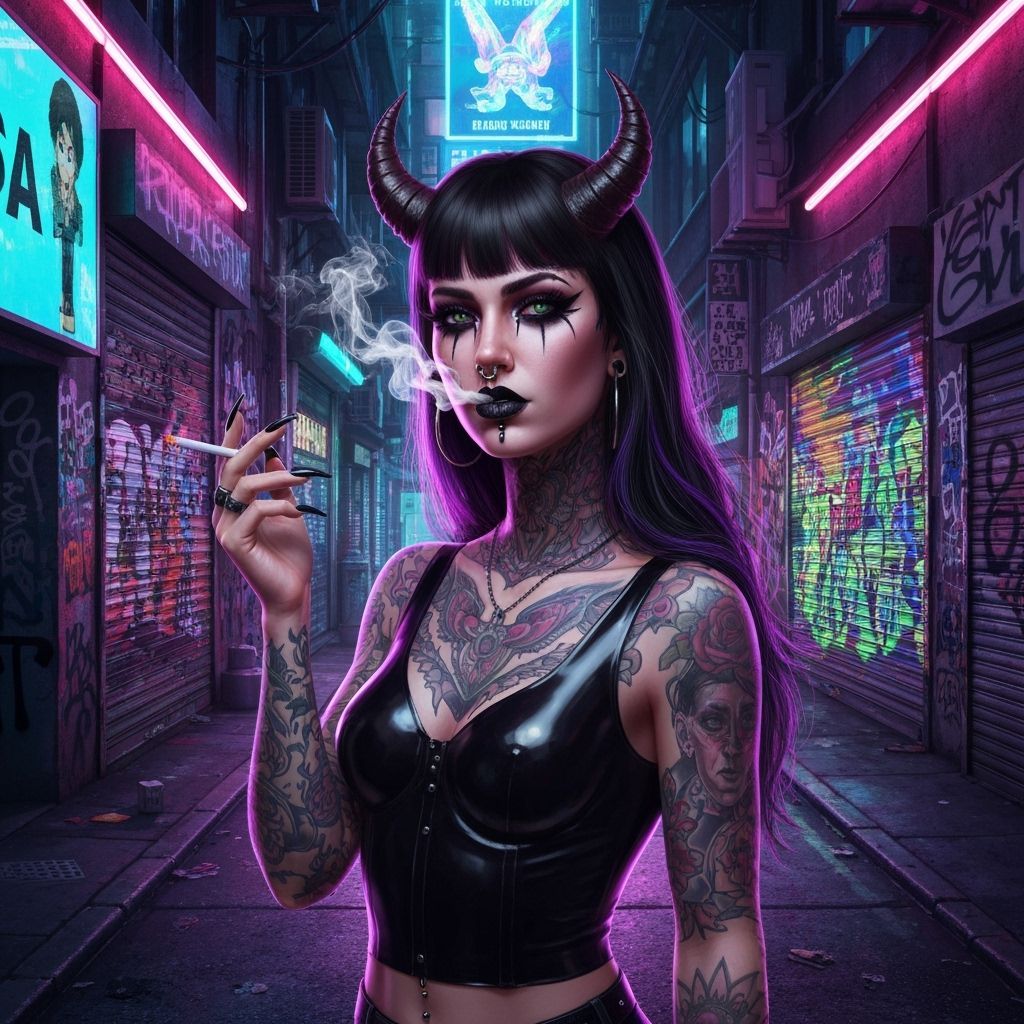 Neon Alley Portrait of Tattooed Woman with Horns