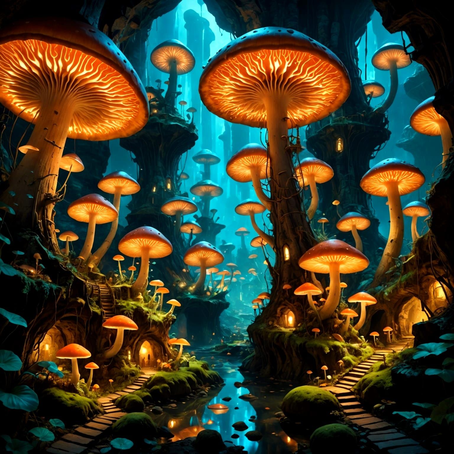 Bioluminescent Mushroom City in Ancient Caves