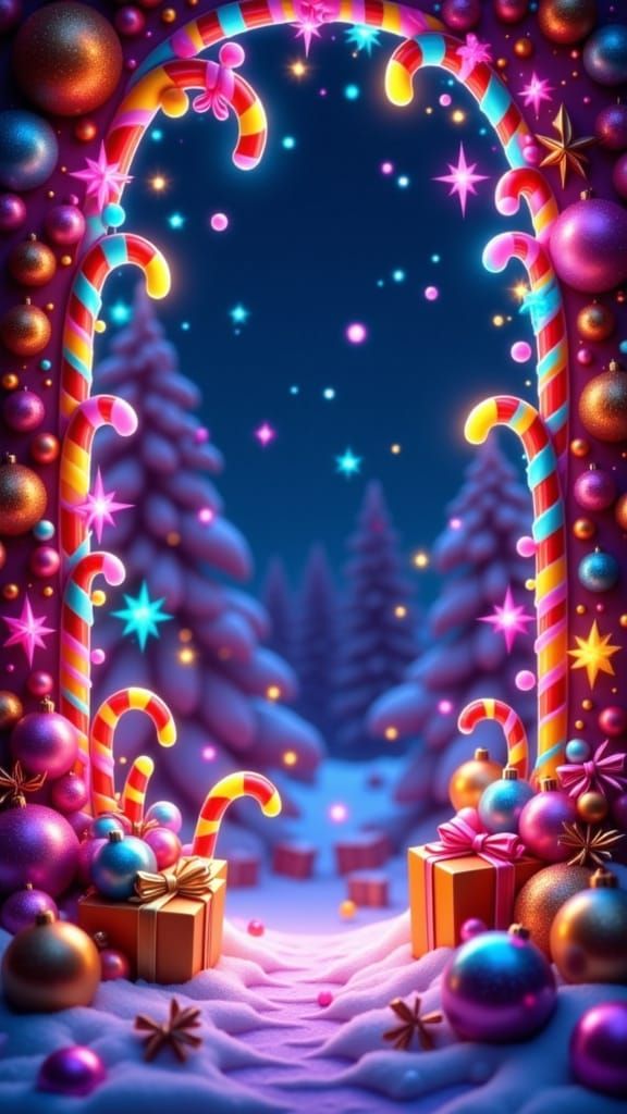 Sparkling Neon Christmas Frame with Candy Canes and Ornament...