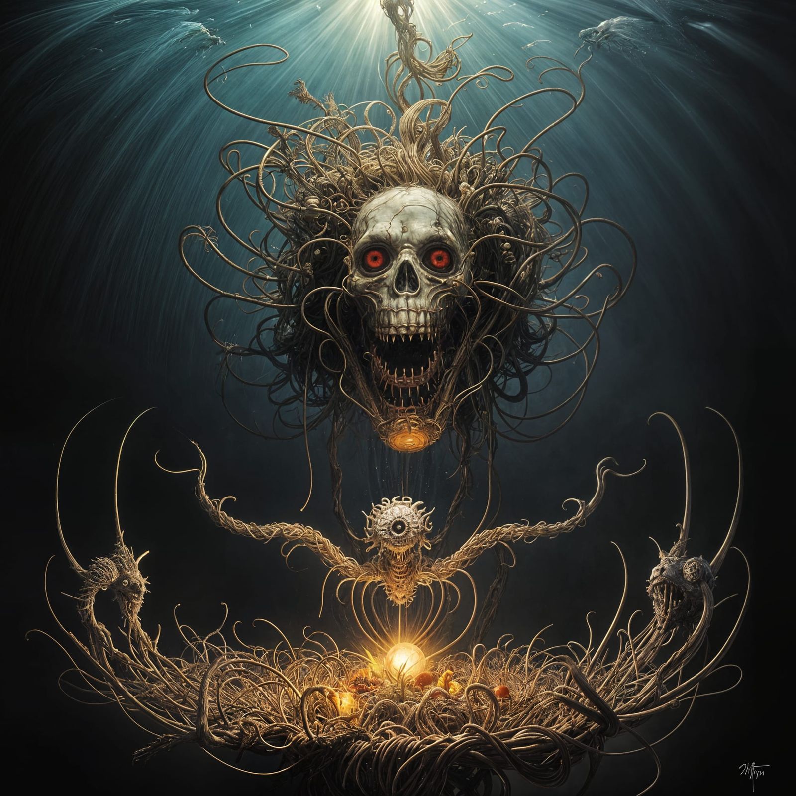 Grotesque Flying Spaghetti Monster in Horror Style