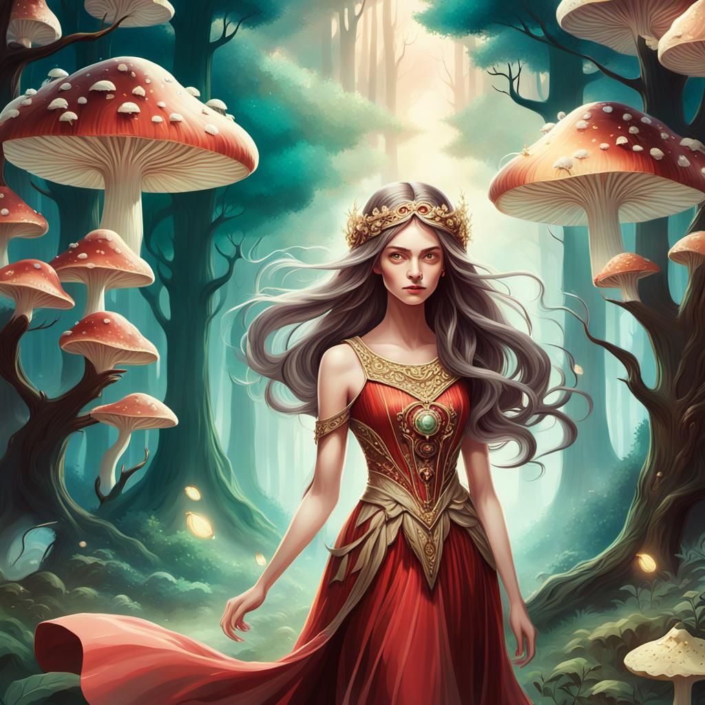 Woman in Red Dress in Mystical Forest