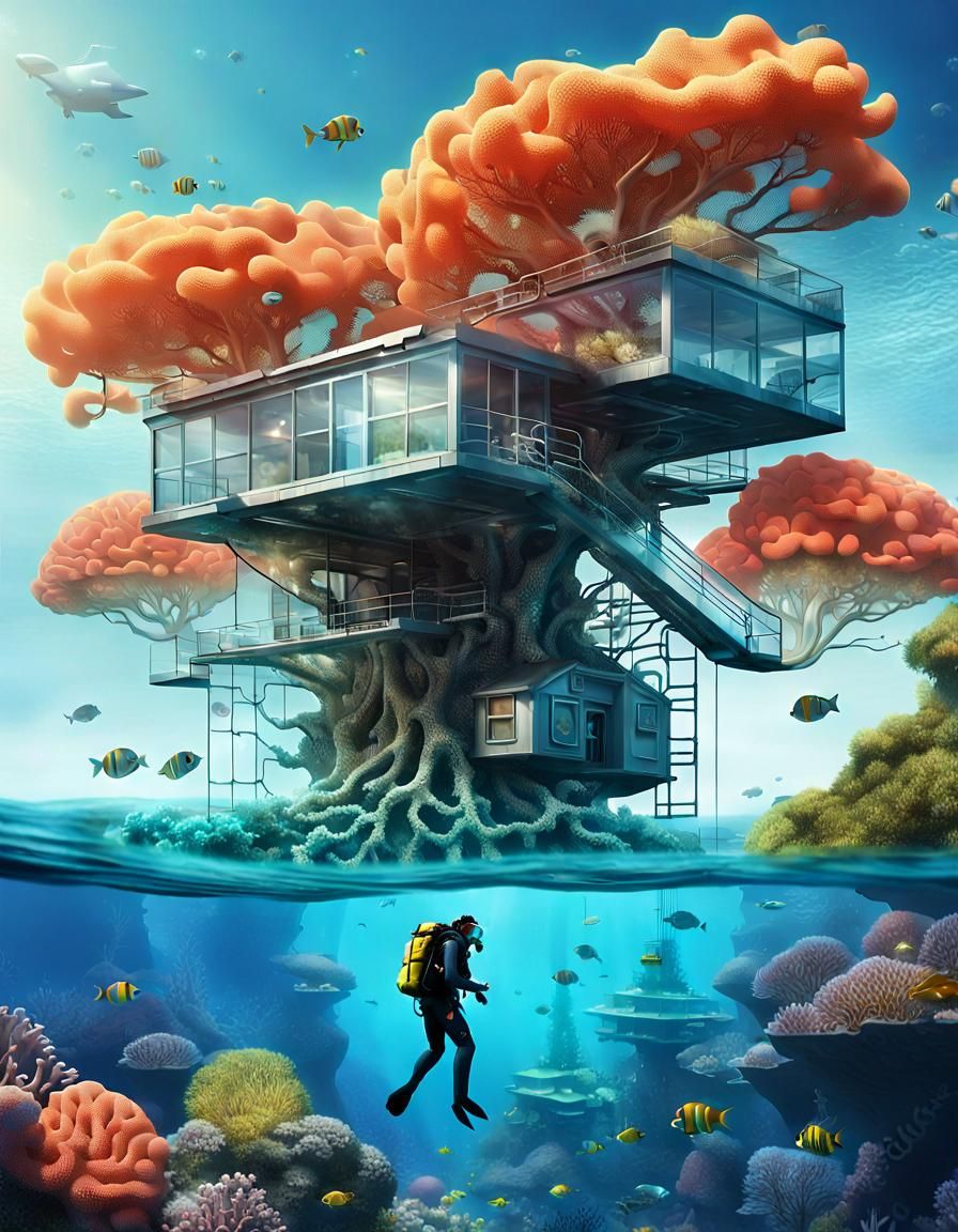Underwater Sci-Fi Research Station with Diver