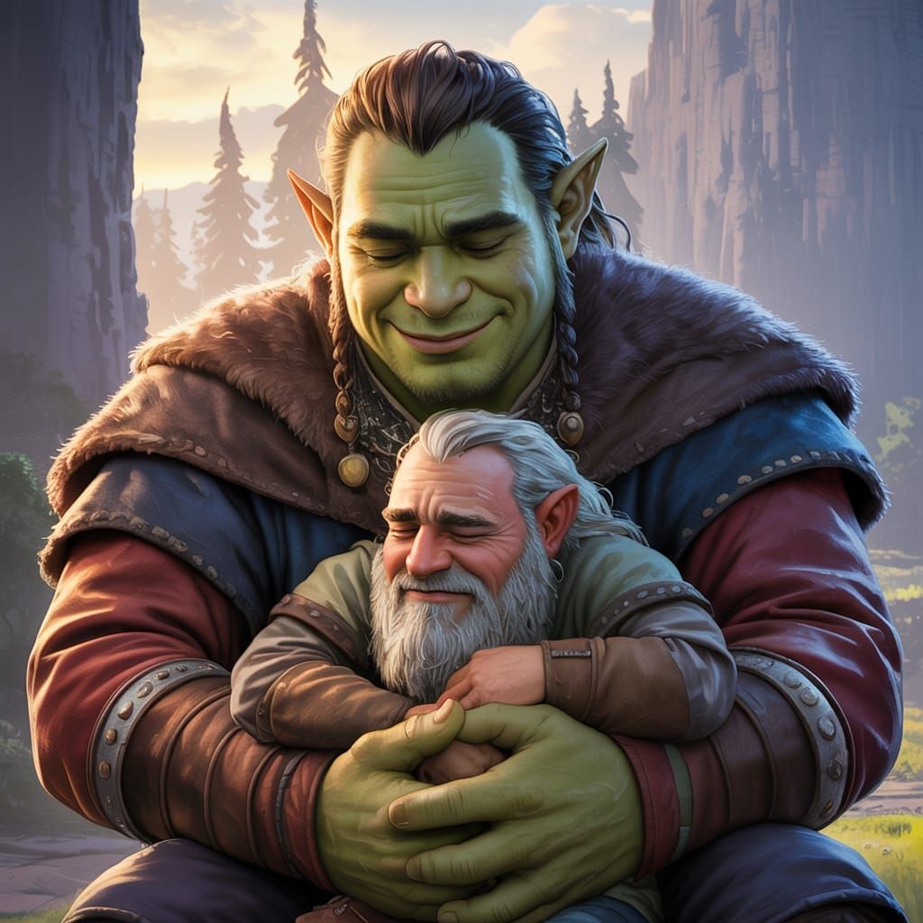 Orc Hugs Dwarf in Fantasy RPG Illustration