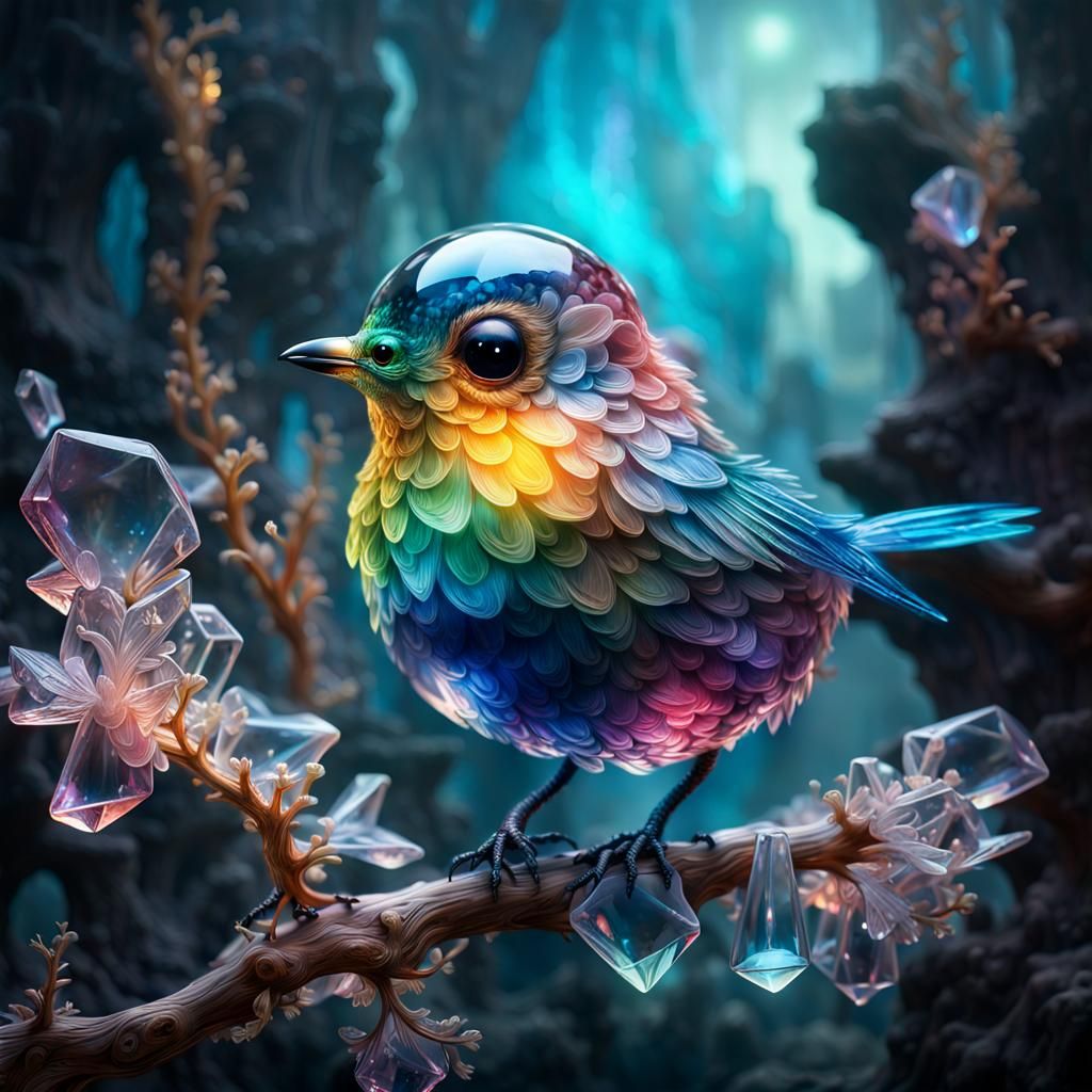 Crystal Bird on Branch: Detailed Digital Illustration