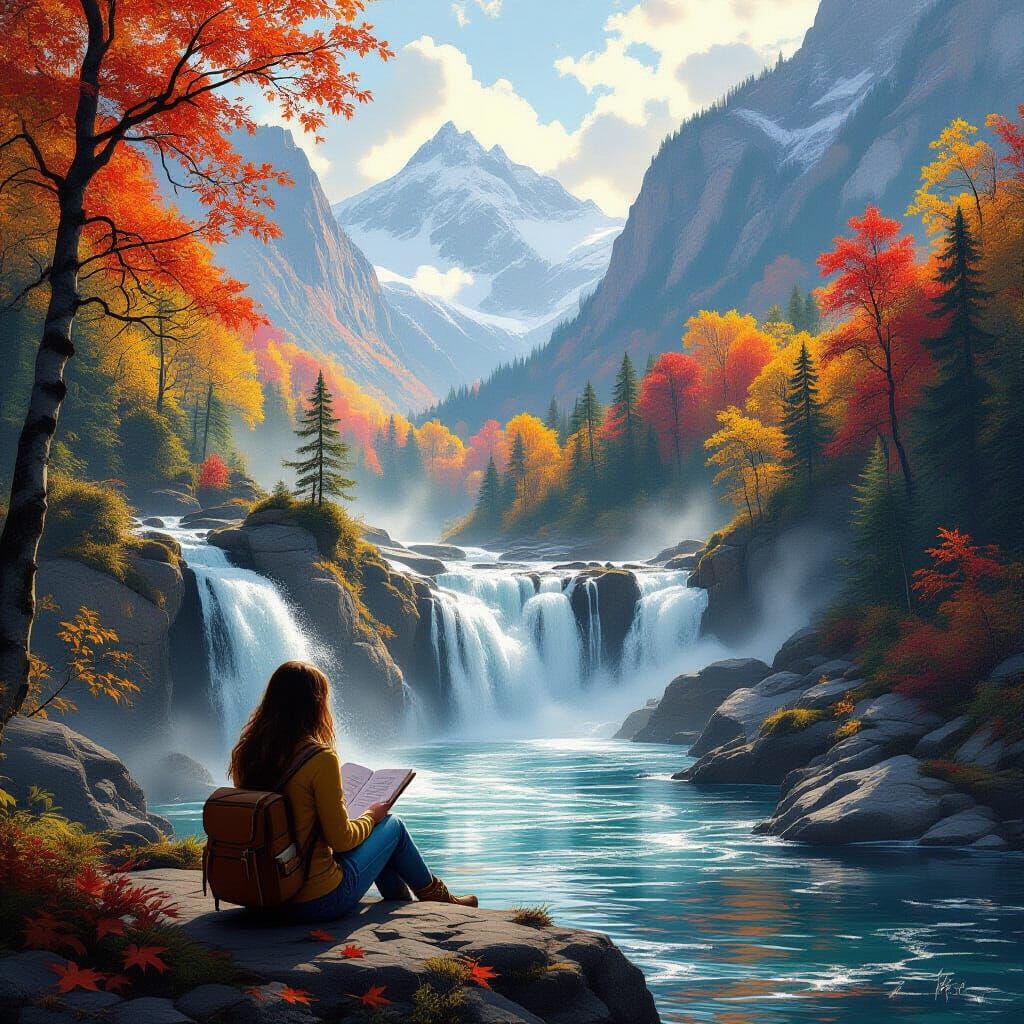 Woman Sketching by Autumn Mountain Cascade