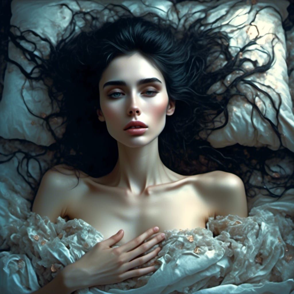 Gothic Noir: Bare-Chested Woman in Oil Painting