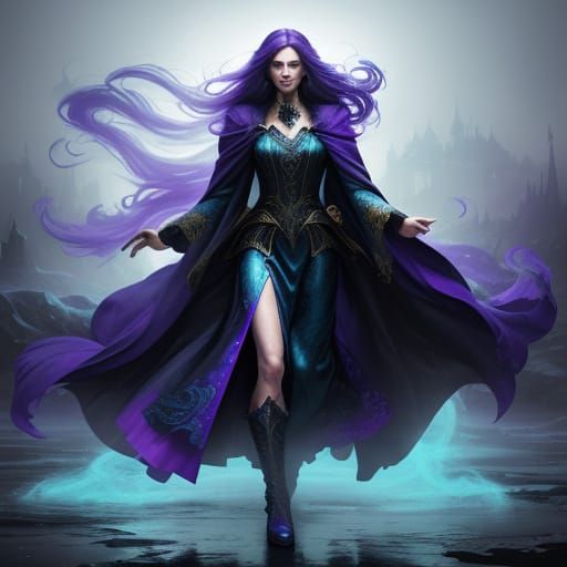 Mystical Woman in Flowing Coat, Ethereal Mist