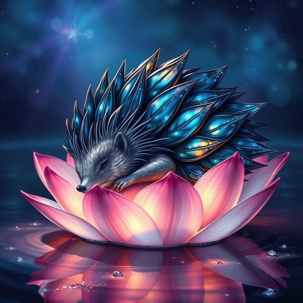 hedgehog made of black and blue sapphire leaves, sleeping in...