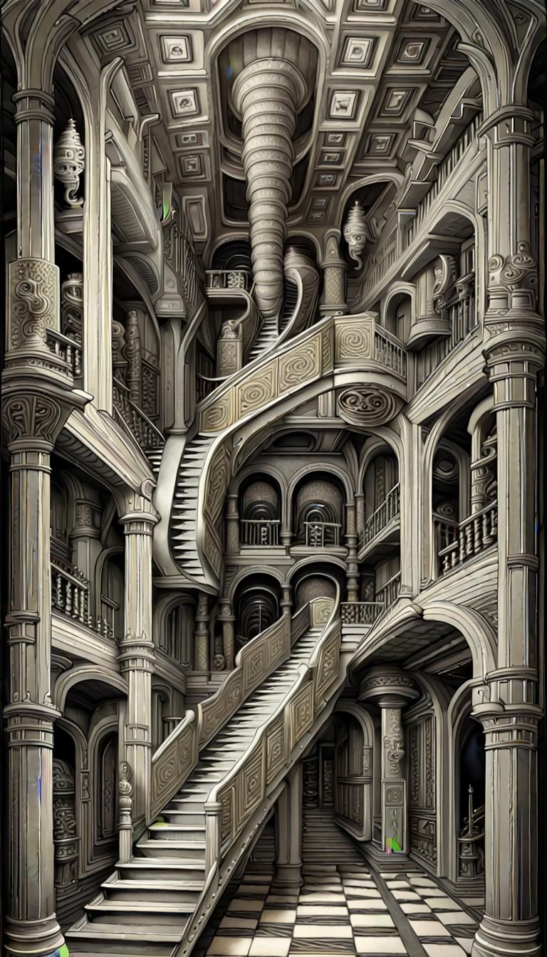 Surreal Staircase: Giger Does Escher in Bauhaus Style