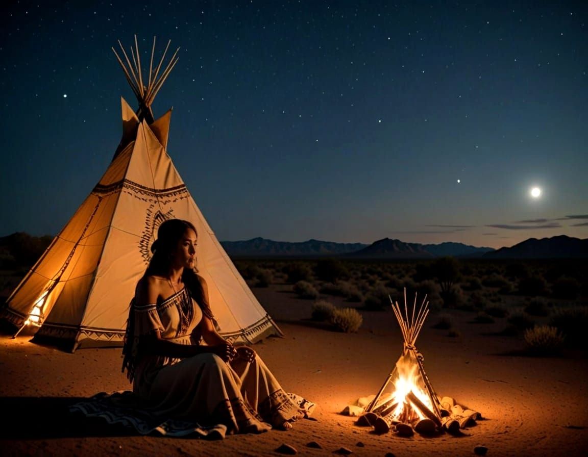 Native American Woman Under Starlit Desert Sky