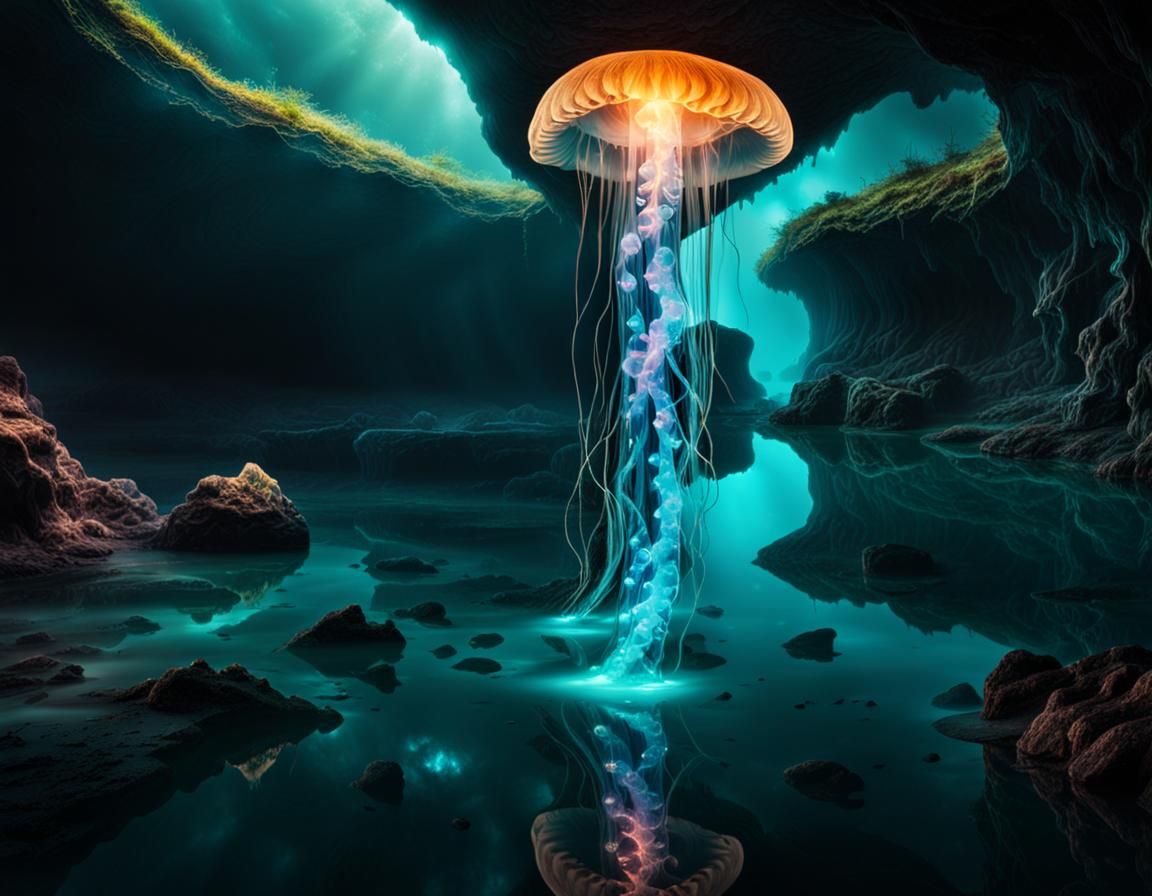 Bioluminescent Jellyfish in a Secret Underground Cavern