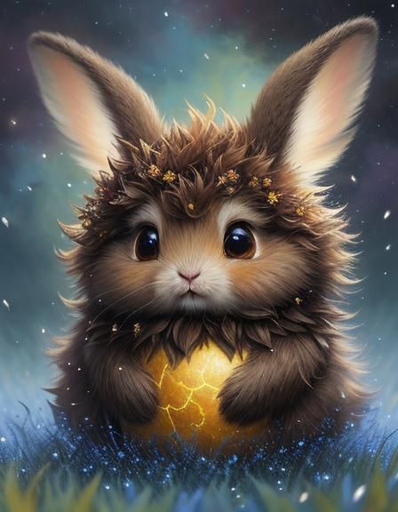 Fluffy Fantasy Bunny in Flower Rain, Oil Painting