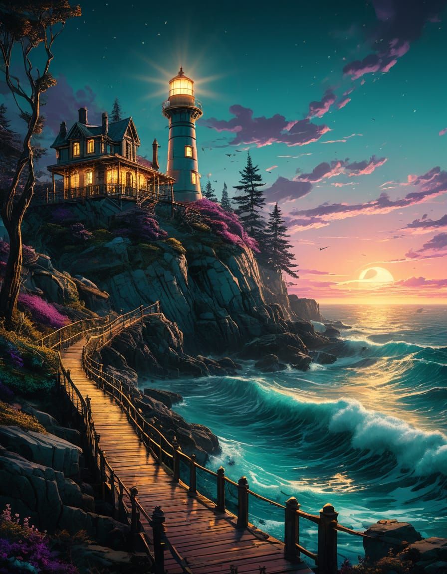 Surreal Lighthouse with Clockwork Sky