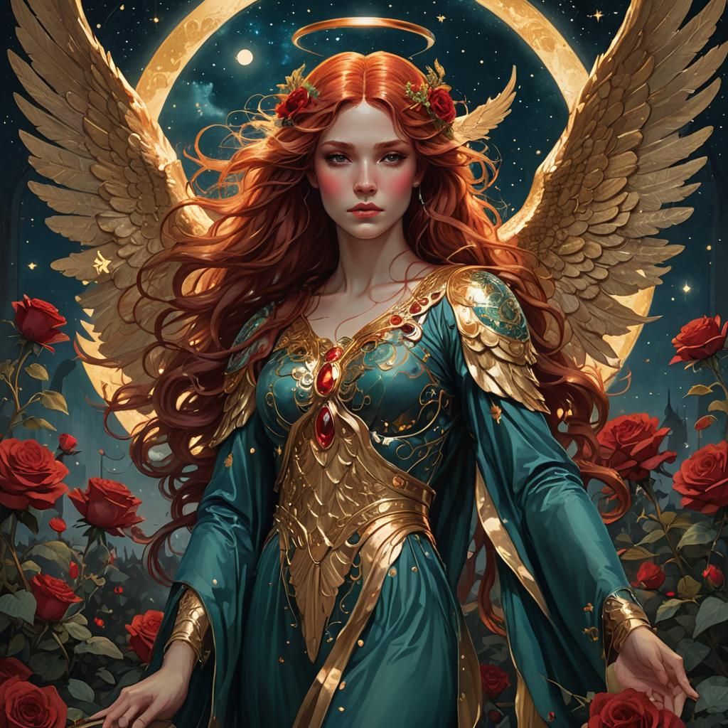 Angel in Moonlit Rose Garden, Digital Art
