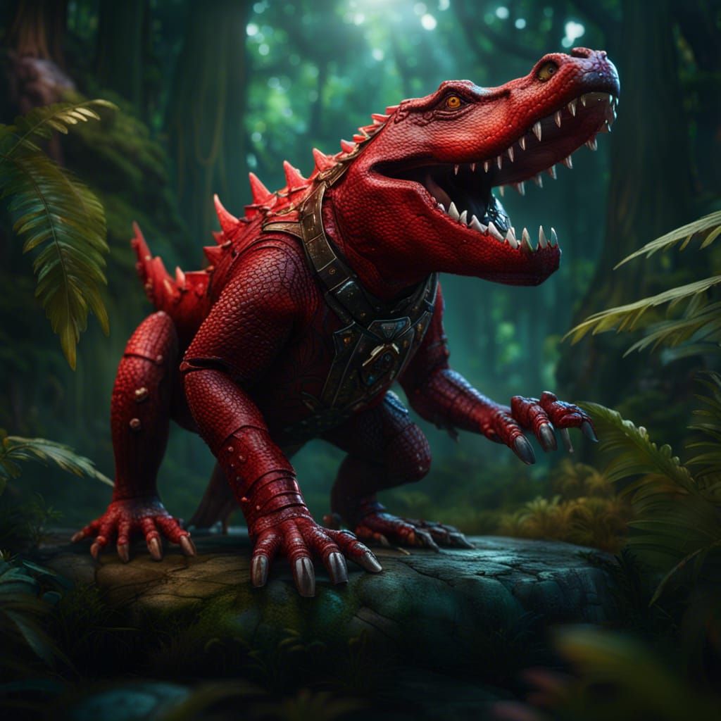 Majestic Red Armored Crocodile in Dazzling Jungle Environmen...