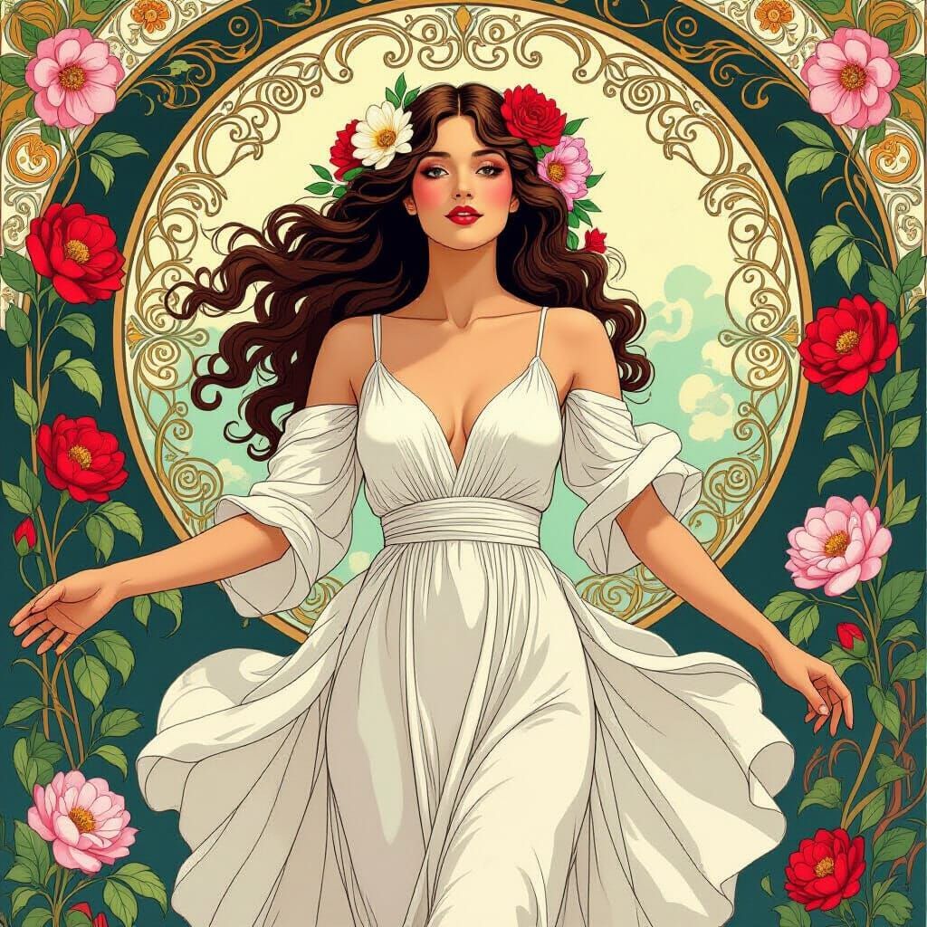 Woman Encased in Flowers: Art Nouveau Illustration