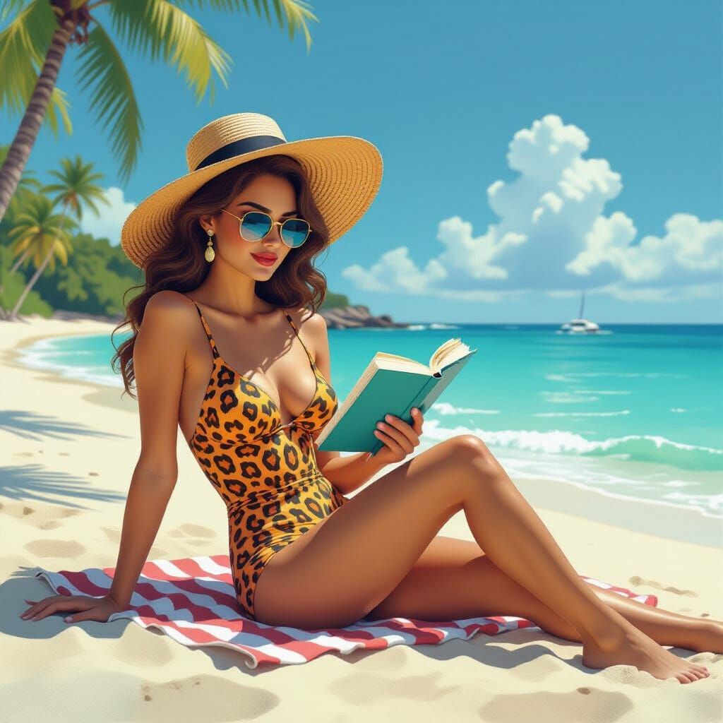 Woman Reading on Beach in Fantasy Oil Painting
