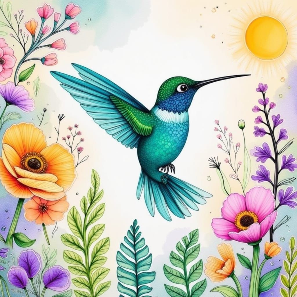 Hummingbird in Flight with Zentangle and Sketch Elements