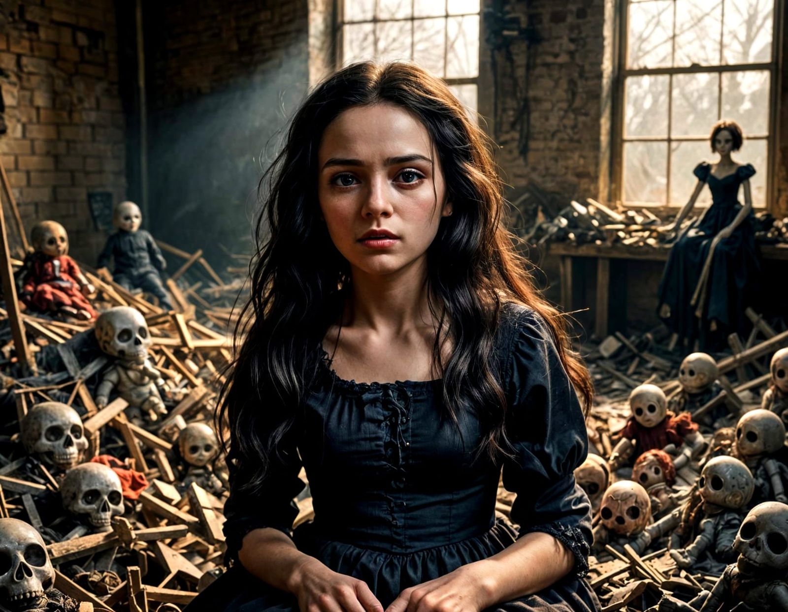 Creepy Doll Pile in Abandoned Factory at Sunset