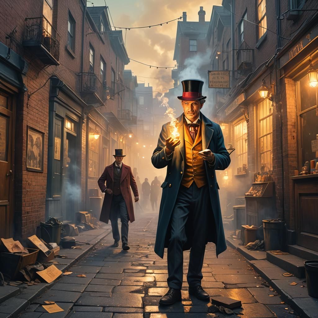Magician's Card Tricks in Victorian Alleyway, Comic Art