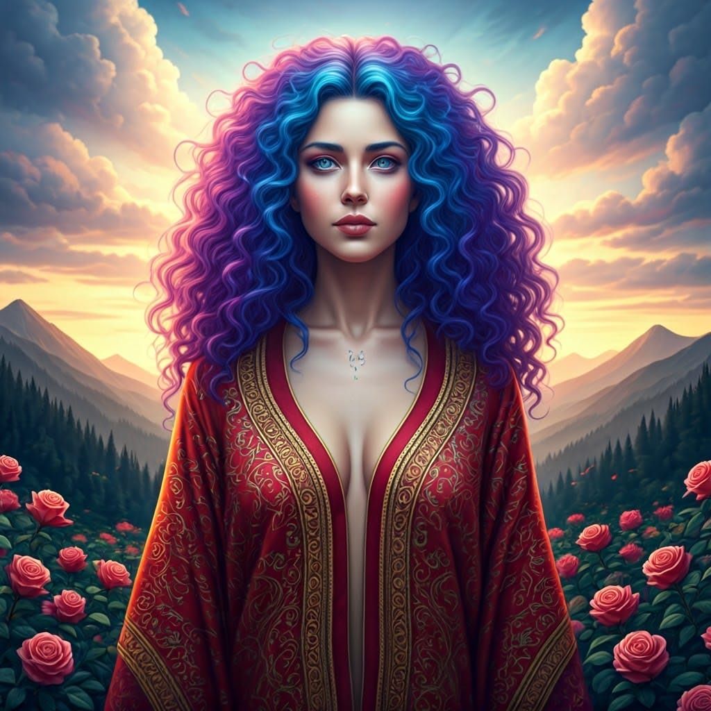 Fantasy Goddess with Blue Hair in Mountain Landscape