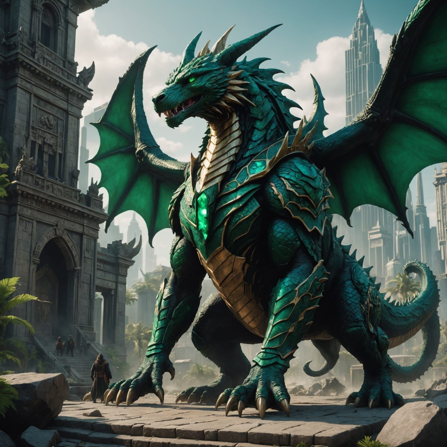 Emerald Anubis Godzilla Dragon: Detailed Matte Painting