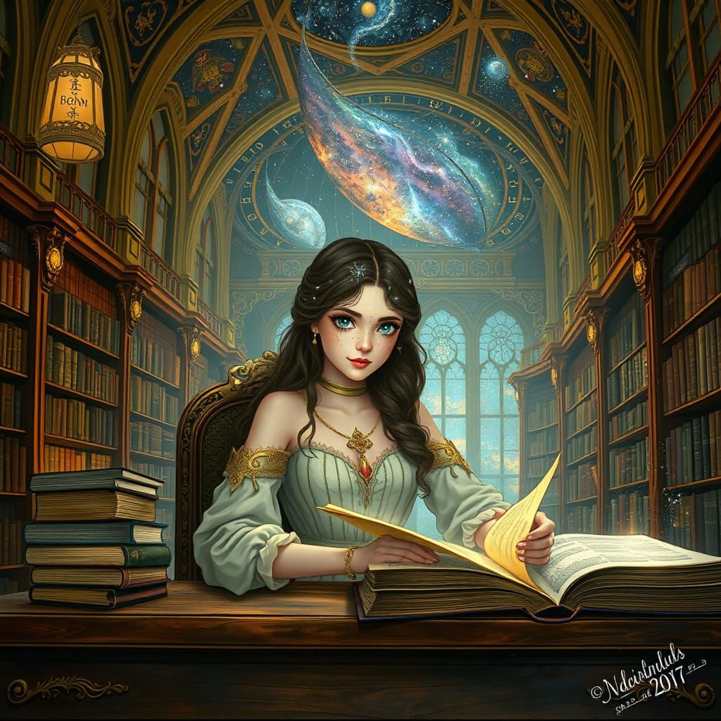Celestial Librarian in Art Nouveau Style