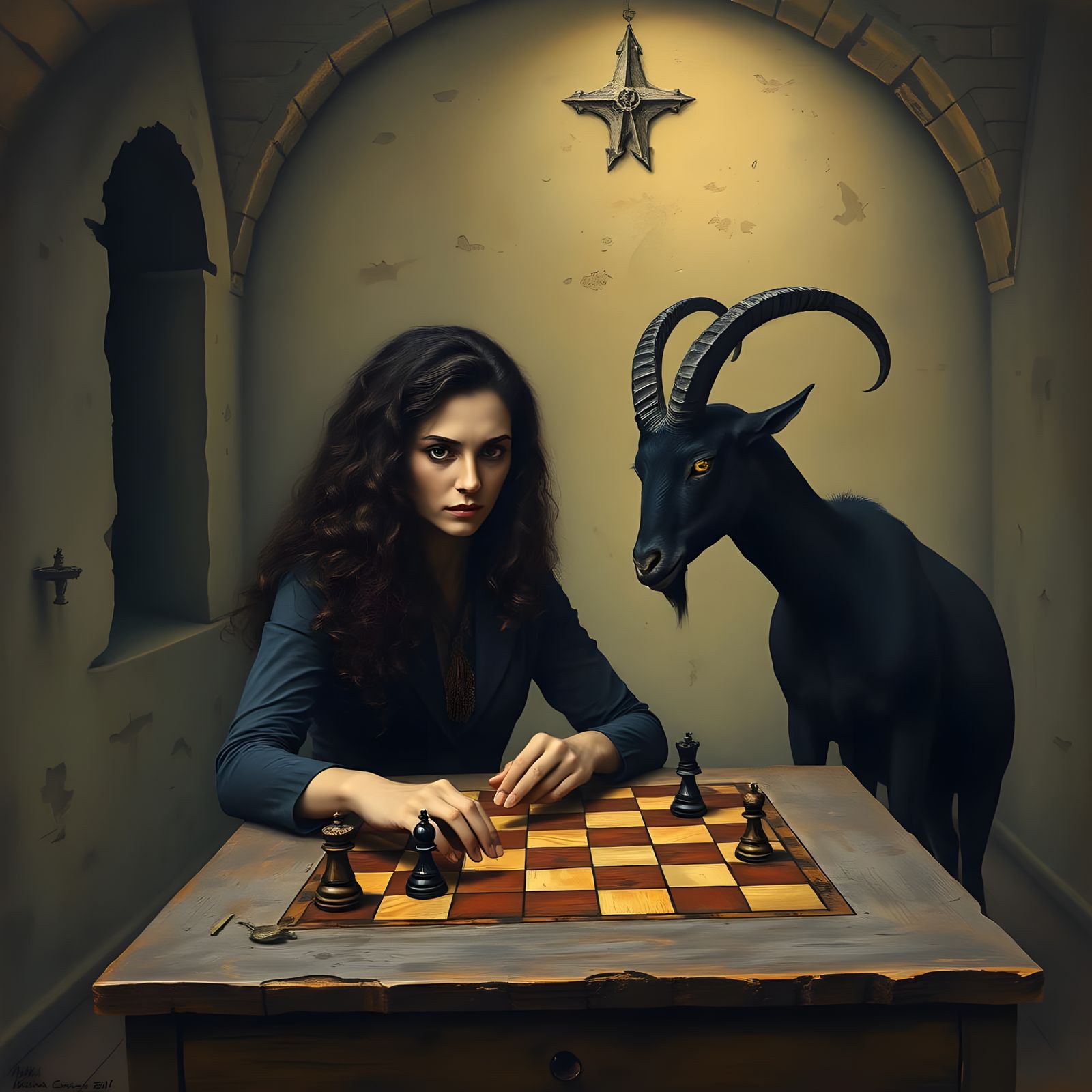 Surrealist Painting of Chess Match between Artist and Horned...