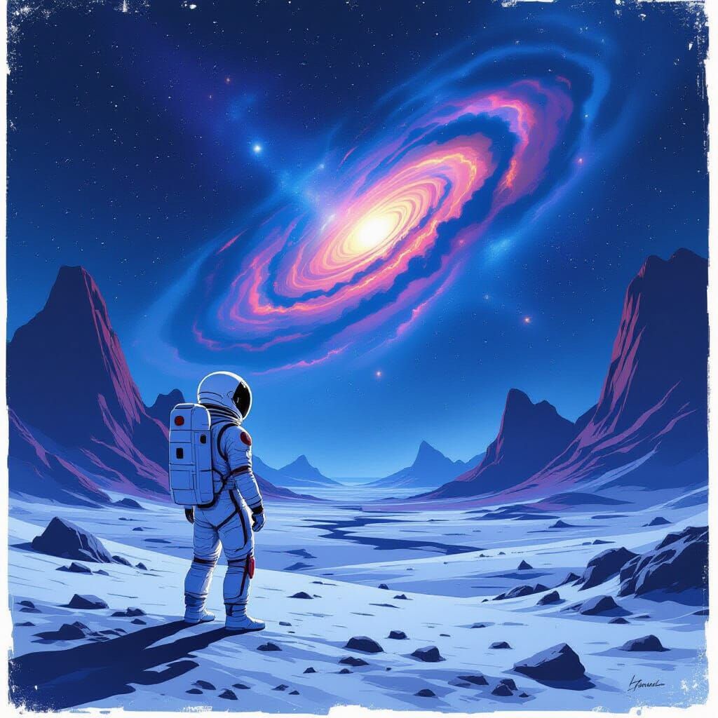 Astronaut Gazes at Nebula on Alien Planet in Moebius Style