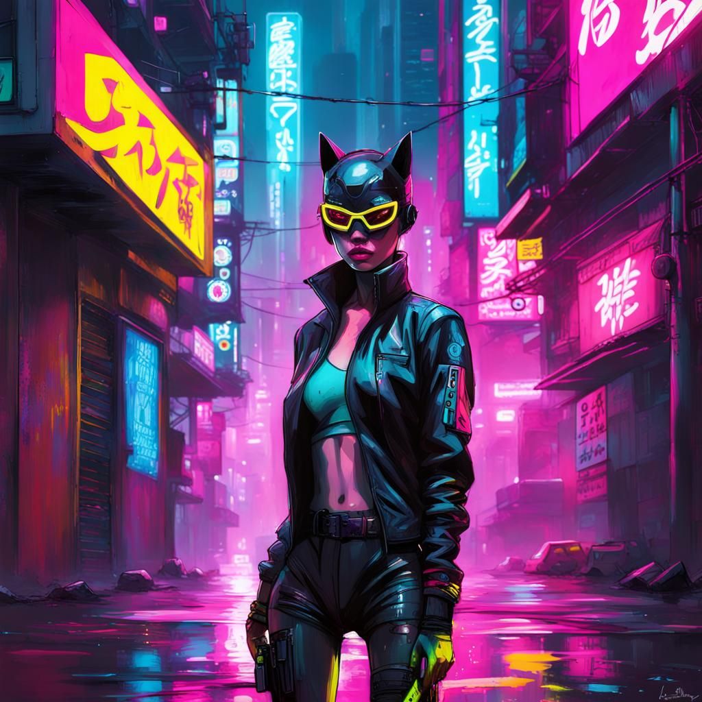Cyberpunk Catwoman in Neon Tokyo Graffiti Art