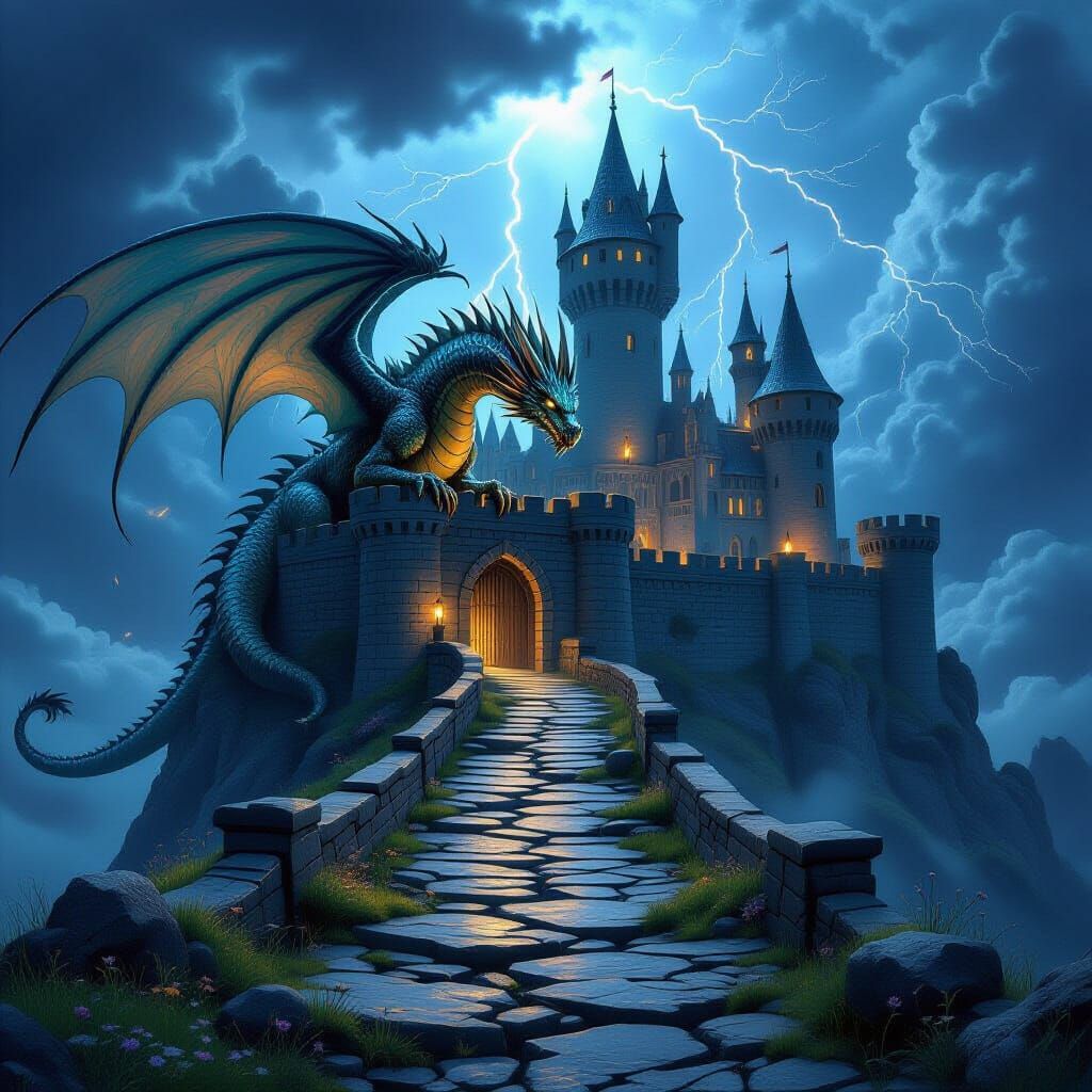 Majestic Dragon Lands on Brooding Castle Amidst Storm