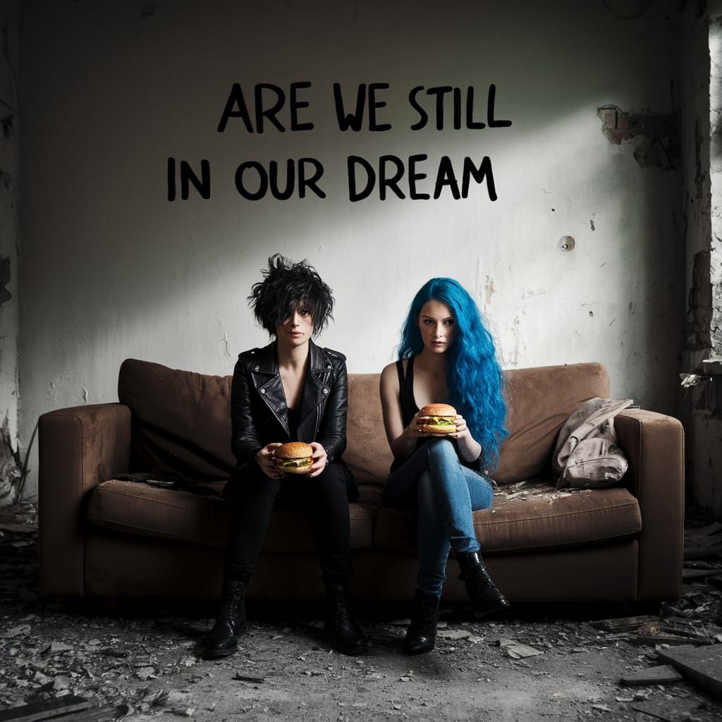 Two Women on a Ruined Couch in an Abandoned House, in a Cybe...