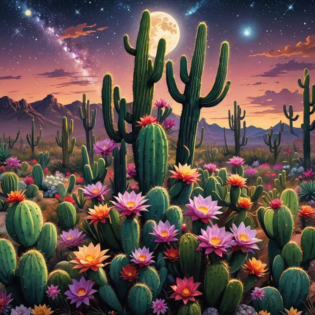 Orchids and Cacti Bloom Under Starry Sky