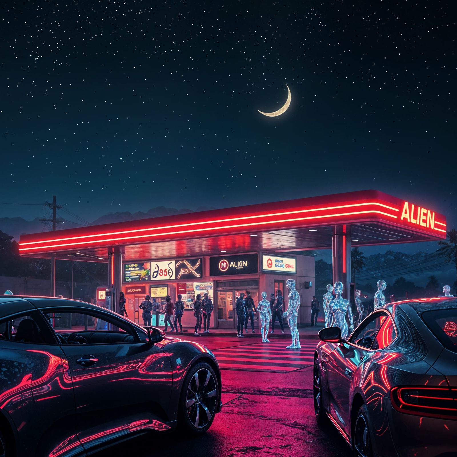 Alien Gas Station with Neon Lights, Digital Art